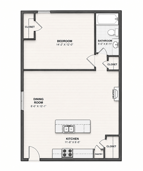 Floor plan for 1 bed, 1 bath, 720 sqft